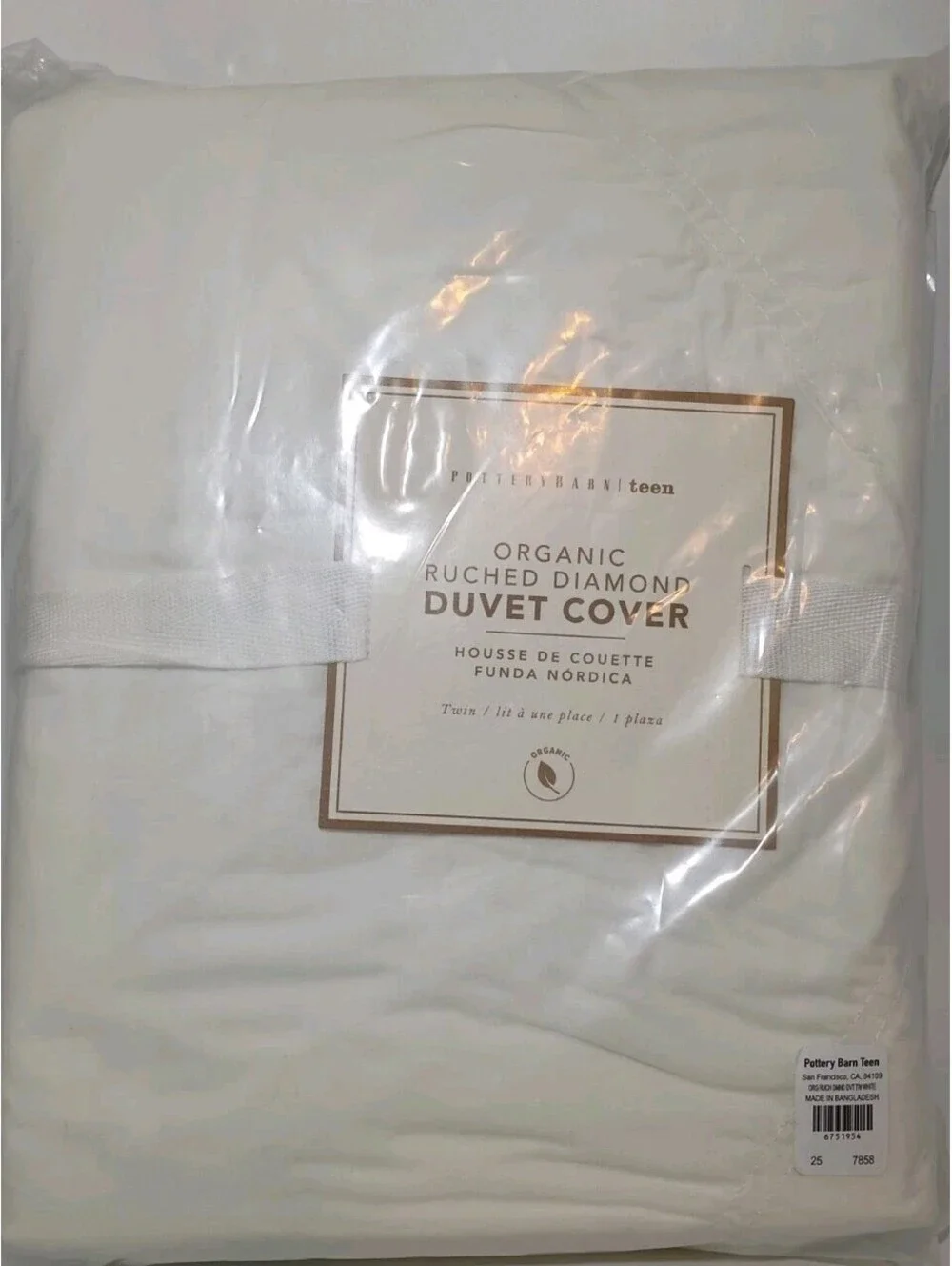 POTTERY BARN TEEN Ruched Diamond Organic TWIN  Duvet Cover WHITE DORM